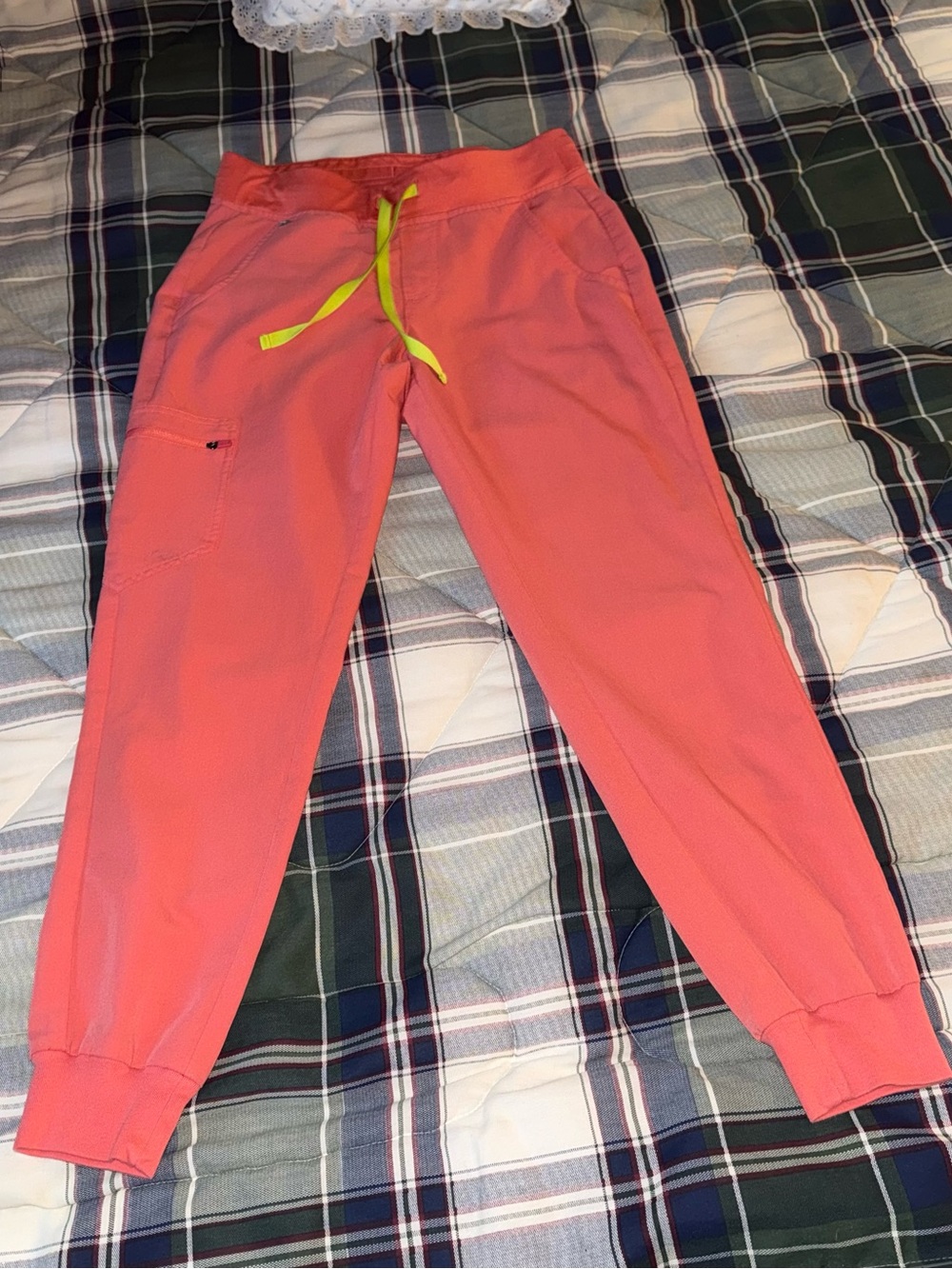 Figs Coral Scrub Top with Neon Lime Accent Small